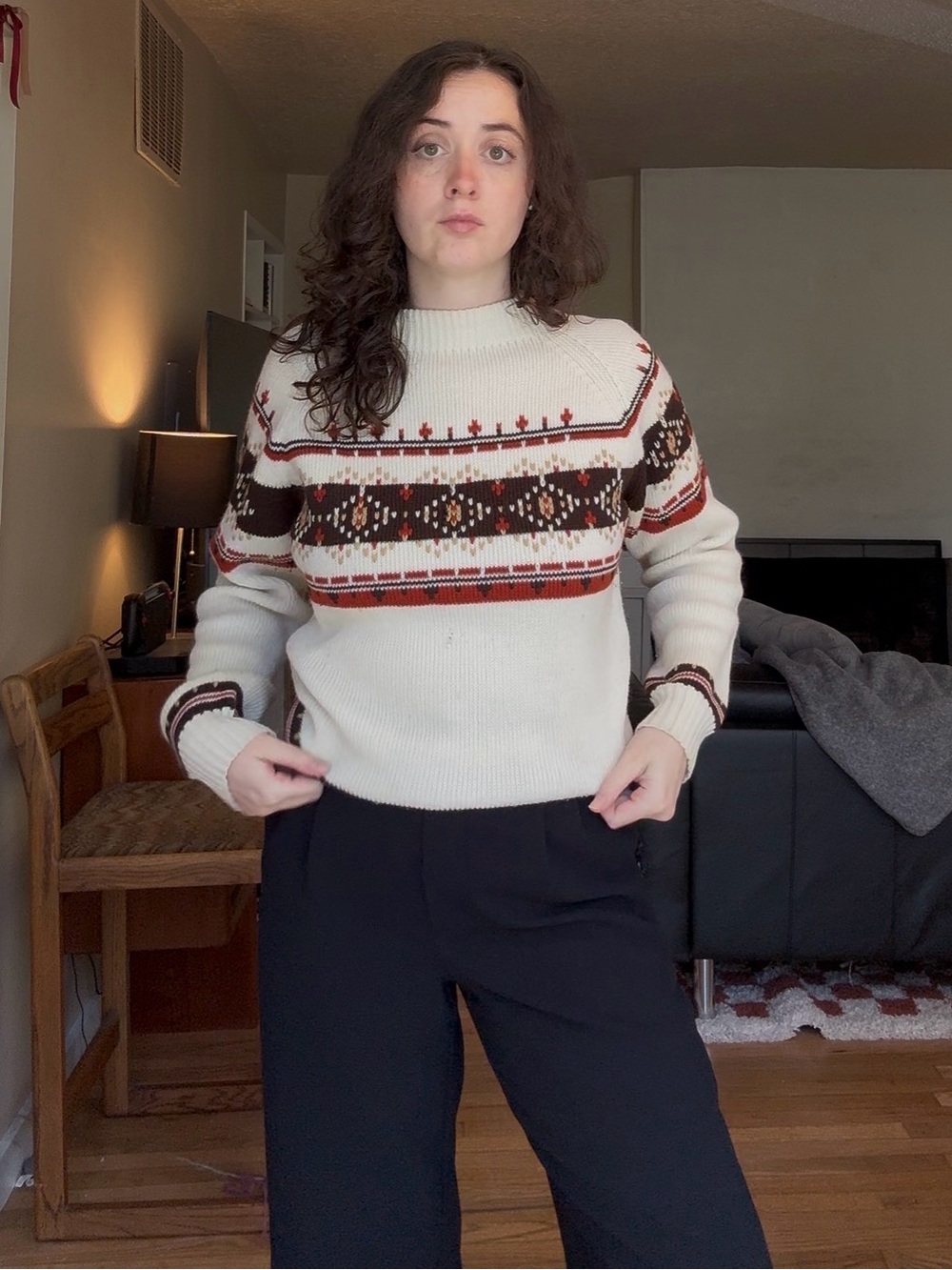 Cream Fair Isle Knit Sweater with Rust and Brown Accents